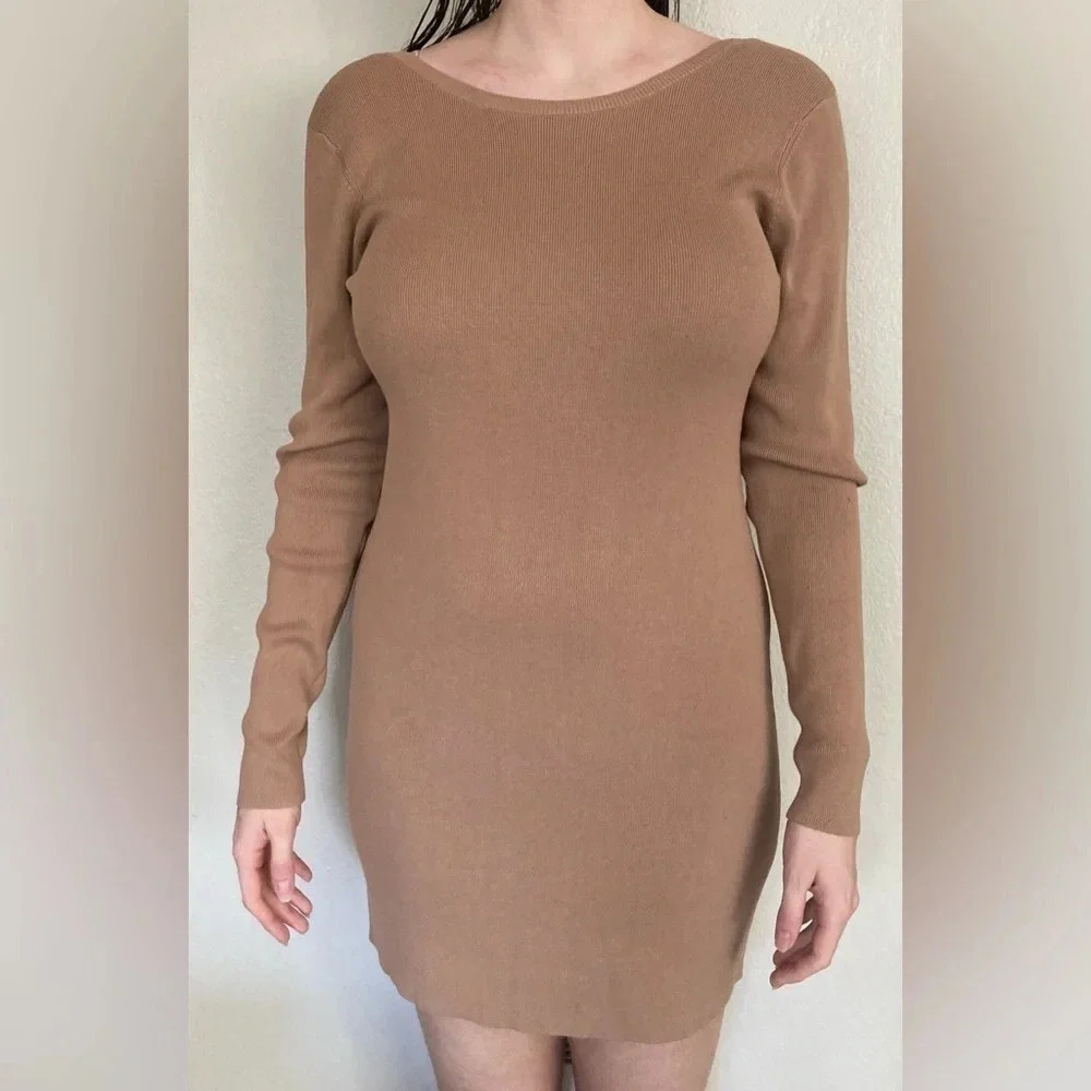 NWT Nordstrom Open Edit Tan Ribbed Sweater Dress Open Back Bodycon Large